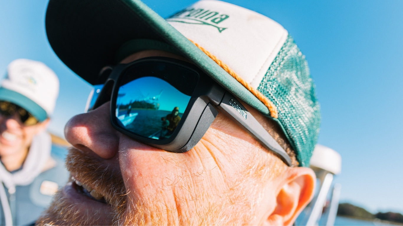 Blue mirrored polarized lenses on south Carolina fishing legend, Paul Puckett
